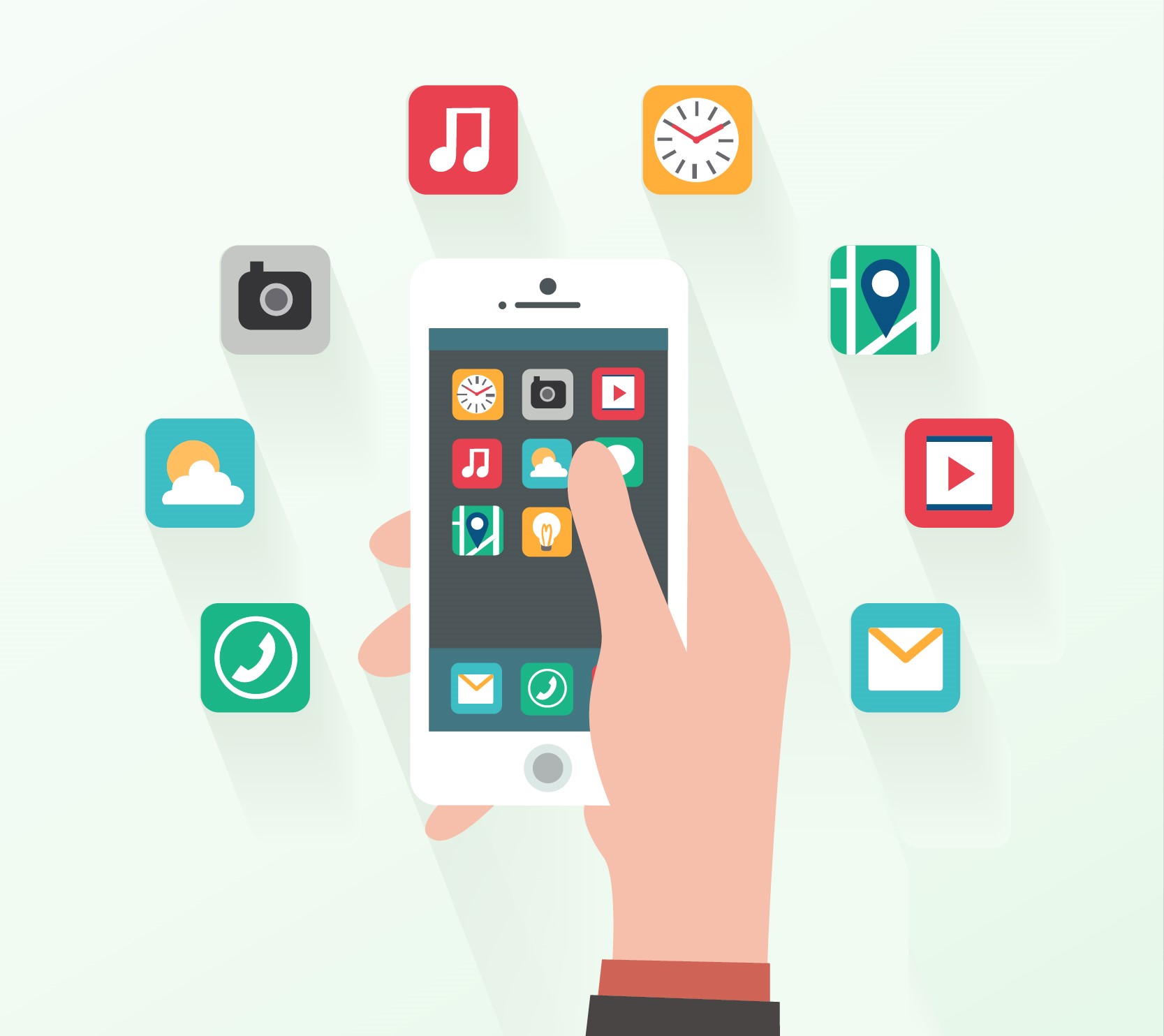 phone with apps floating around it
